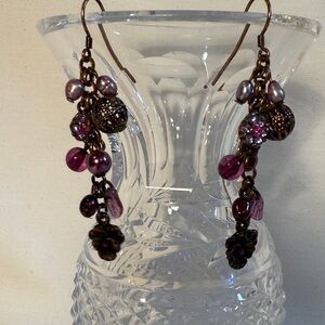 Elegant cluster antique brass violet Purple pearl crystal Beaded flower Earrings